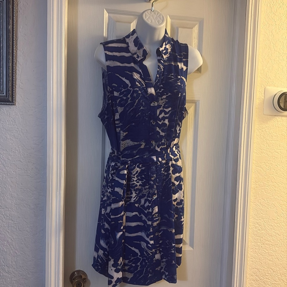 INC International Concept Button Up Animal Print Midi Dress Sleeveless Blue Belt